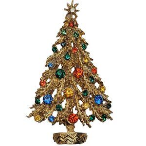 ART Arthur Pepper Vintage Gold Tone Multi Color Rhinestone Christmas Tree Brooch